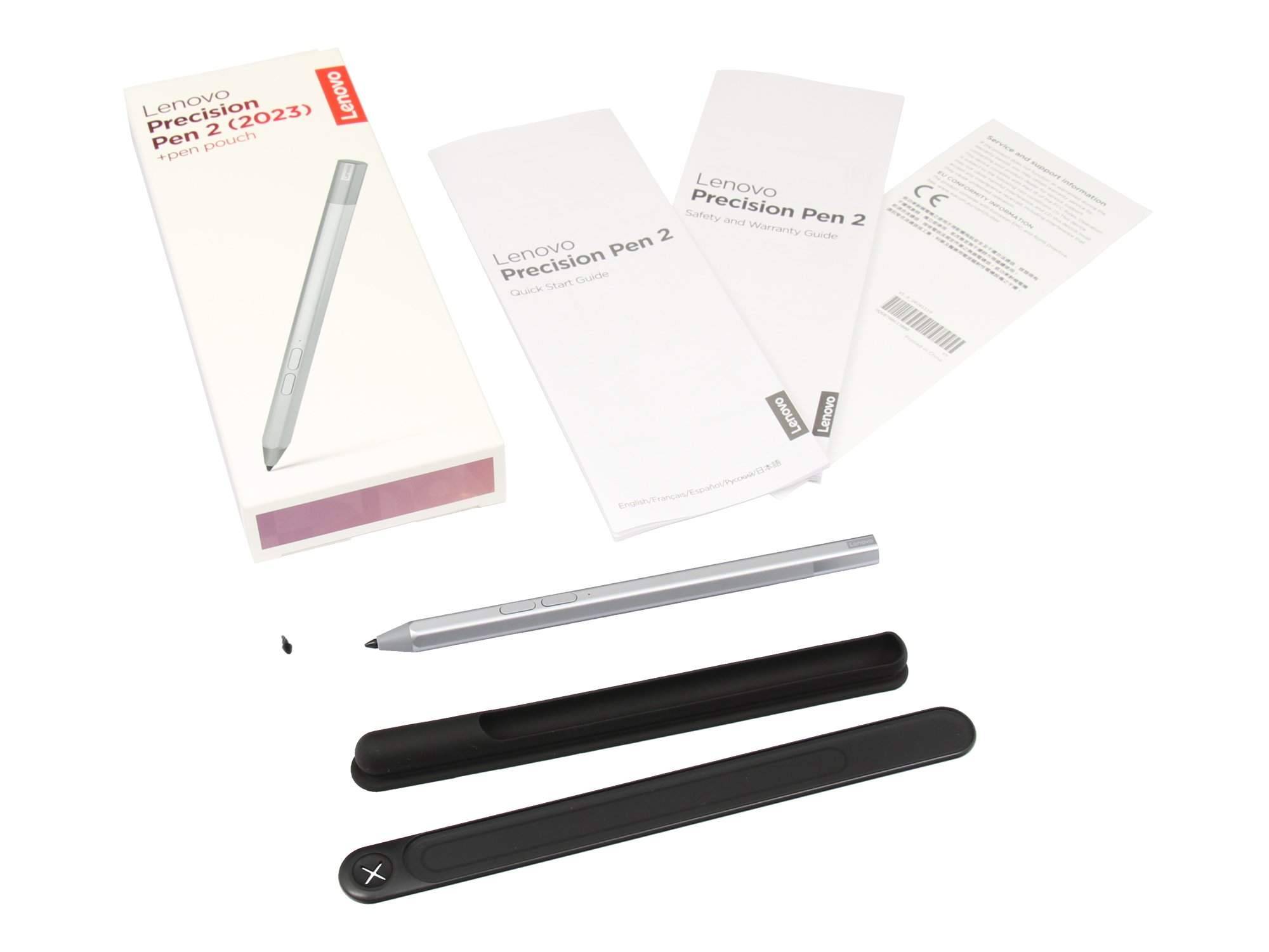 Lenovo Precision Pen 2 Stylus-Set mit Einzelhandelsverpackung, Bedienungsanleitungen und zwei schwarzen Stiftkappen/Komponenten.