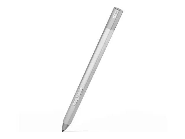 Silberner Stift mit spitzer Spitze und zwei Seitentasten, gezeigt auf weißem Hintergrund.