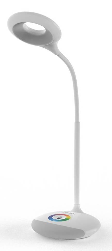 Weiße verstellbare LED-Schreibtischlampe mit rundem Lampenkopf und runder Basis, dargestellt auf einem neutralen Hintergrund.