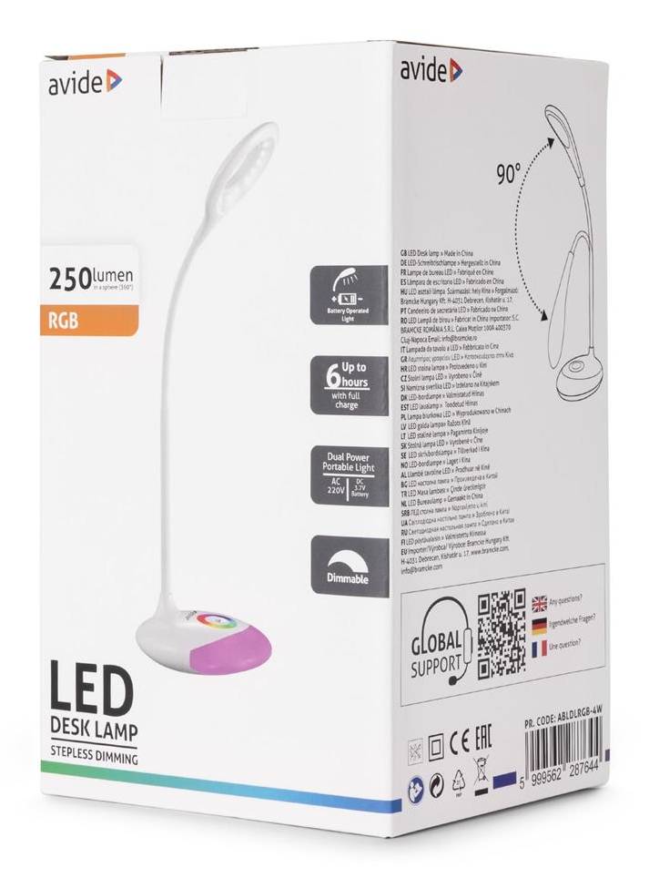 Boxed Avide LED-Schreibtischleuchte mit RGB, 250 Lumen, stufenloses Dimmen, um 90° verstellbarer Kopf und wiederaufladbare Batterie mit einer Laufzeit von bis zu 6 Stunden.