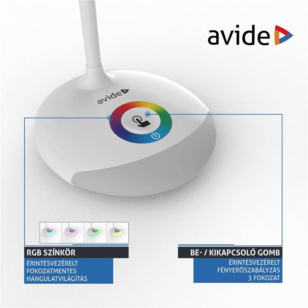 Produktbild einer berührungsempfindlichen Schreibtischlampen-Basis der Marke Avidé mit RGB-Farbring und Netzschalter, die einstellbare Stimmungsbeleuchtung und einen Dreipositionsschalter zeigt.