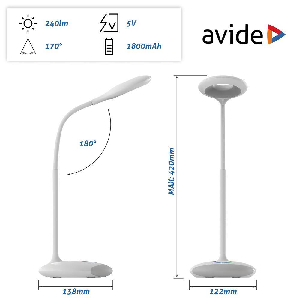 Produktbild einer schlanken LED-Schreibtischleuchte mit um 180° verstellbarem Kopf, die eine Helligkeit von 240 lm, 5V Stromversorgung, 1800mAh Akku und Abmessungen von 420 mm Höhe, 138 mm Breite der Basis und 122 mm Tiefe der Basis zeigt.