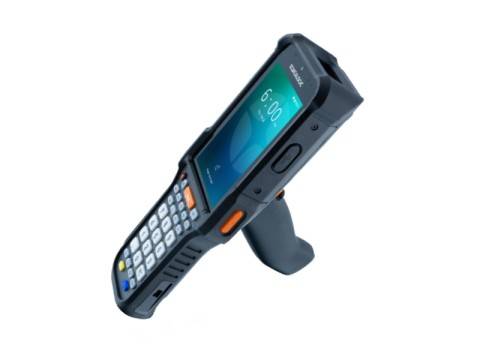 Robustes tragbares Mobilgerät mit Touchscreen und physischer Tastatur, dargestellt in einer Schutzhülle mit Griffgriff.