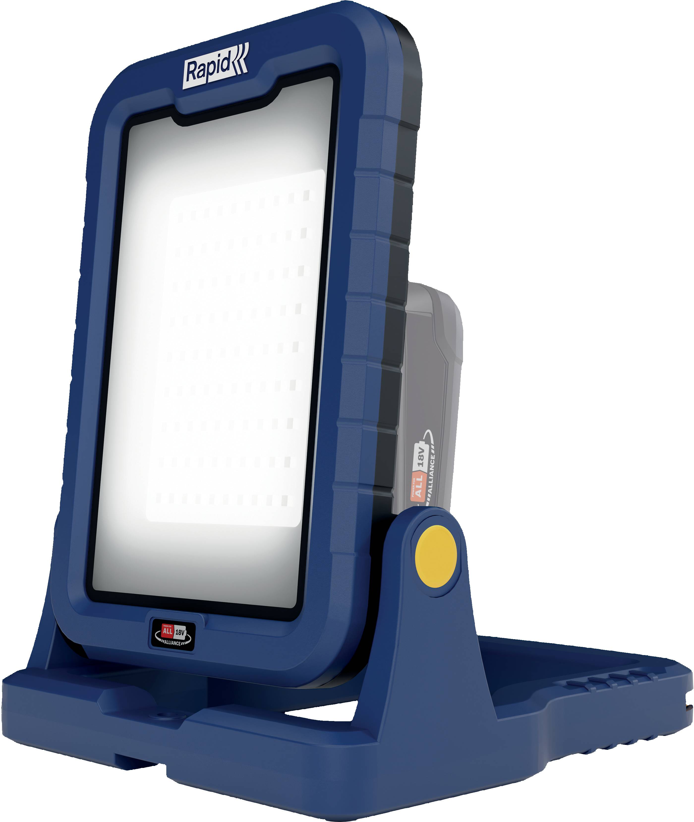Blaues LED-Arbeitslicht von Rapid auf einem kippbaren Ständer mit großem rechteckigem Frontpanel und seitlicher Steuertaste.