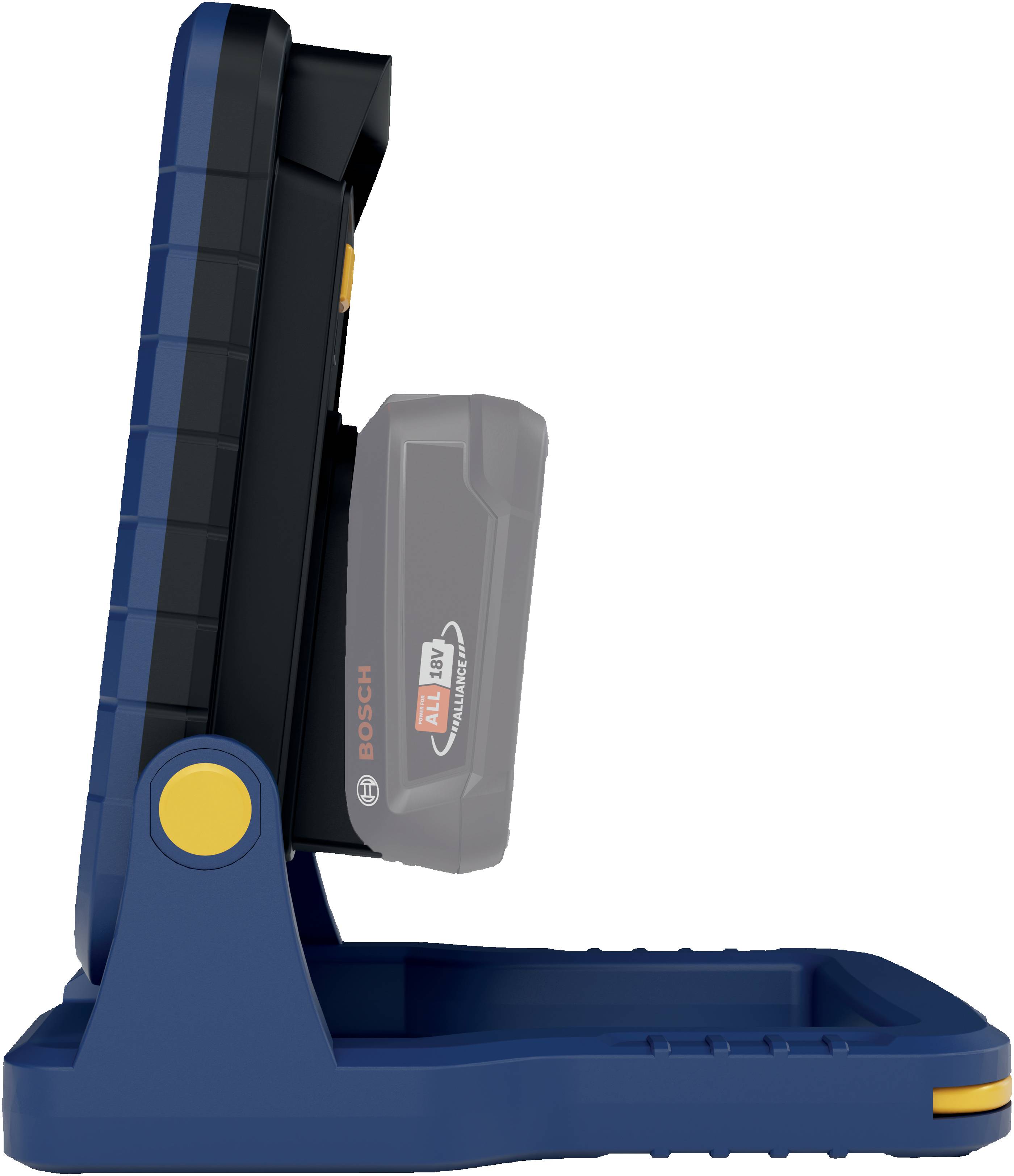 Seitenansicht eines blauen kabellosen elektrischen Heftgeräts mit angebrachtem grauem Akku auf weißem Hintergrund.
