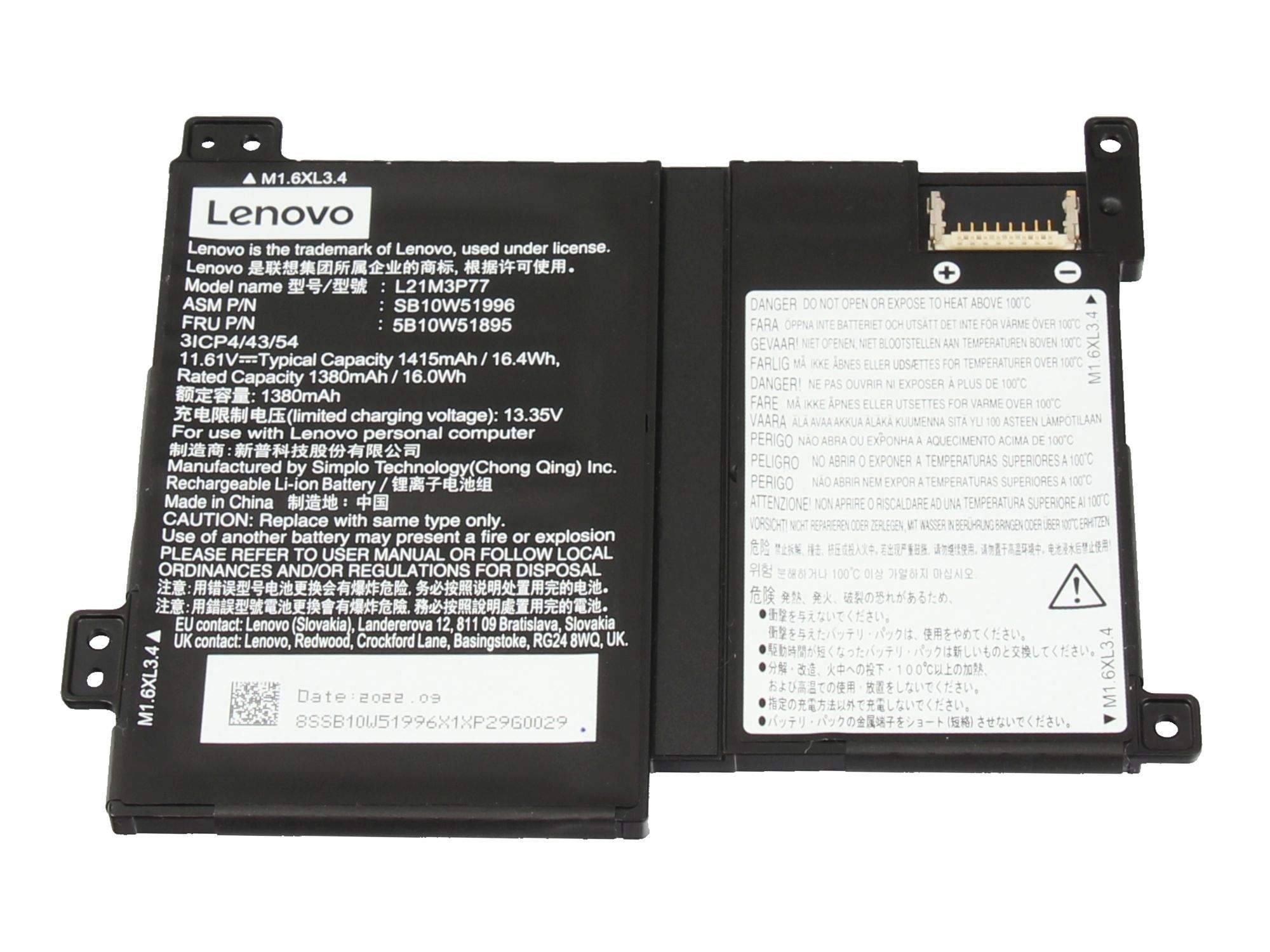 Lenovo-Laptop-Batteriepack mit schwarzem Gehäuse und silbernem Etikett, Vorderansicht mit Steckerkontakten und behördlichem Text.