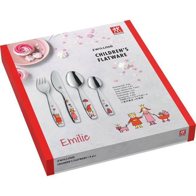 Verpacktes Zwilling-Kinderbesteck-Set mit vier Besteckteilen, verziert mit bunten Cartoon-Prinzessin- und Kronen-Designs, beschriftet mit 'Emilie'.