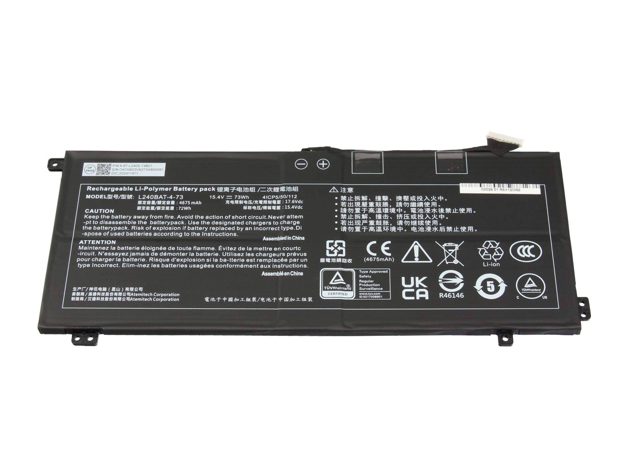 Schwarzer wiederaufladbarer Lithium-Polymer-Laptop-Akku mit Warnaufklebern und Anschlüssen auf weißem Hintergrund.