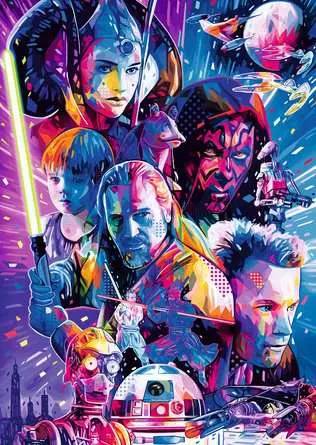 Farbenfrohe Science-Fiction-Collage von Star-Wars-Charakteren, darunter Luke, Leia, Yoda, Darth Vader und R2-D2, mit Raumschiffen und Lichtschwerten in Aktion.
