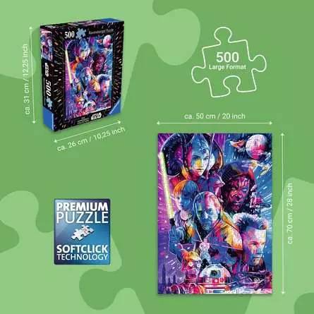 Produktbild eines 500-teiligen Großformat-Puzzles, das die Schachtel, das Puzzle-Motiv und die Abmessungen zeigt: etwa 50 x 70 cm, mit den Aufschriften „Premium Puzzle" und „Softclick Technology"".