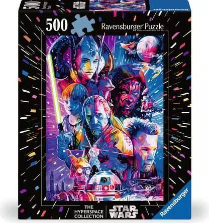Schachtel eines 500-teiligen Ravensburger Star Wars 'The Hyperspace Collection' Puzzles mit farbenfroher Charakterkunst und dem Titel auf der Vorderseite.