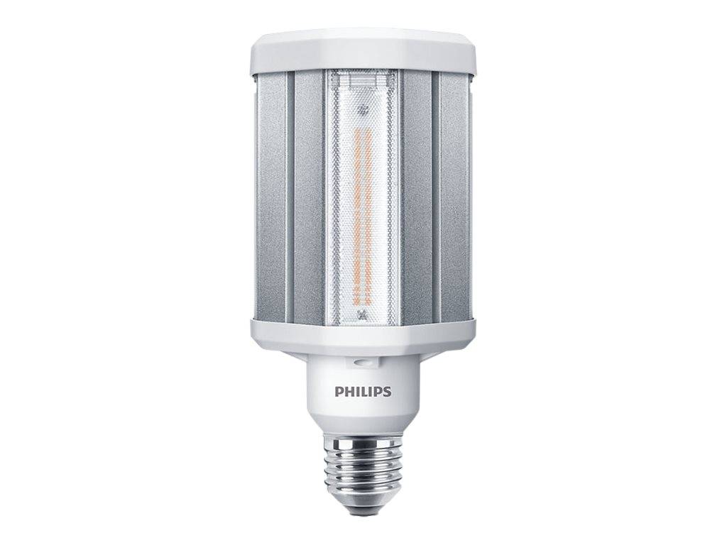 Philips LED-Glühbirne mit metallischem zylindrischem Gehäuse und Schraubsockel auf weißem Hintergrund.