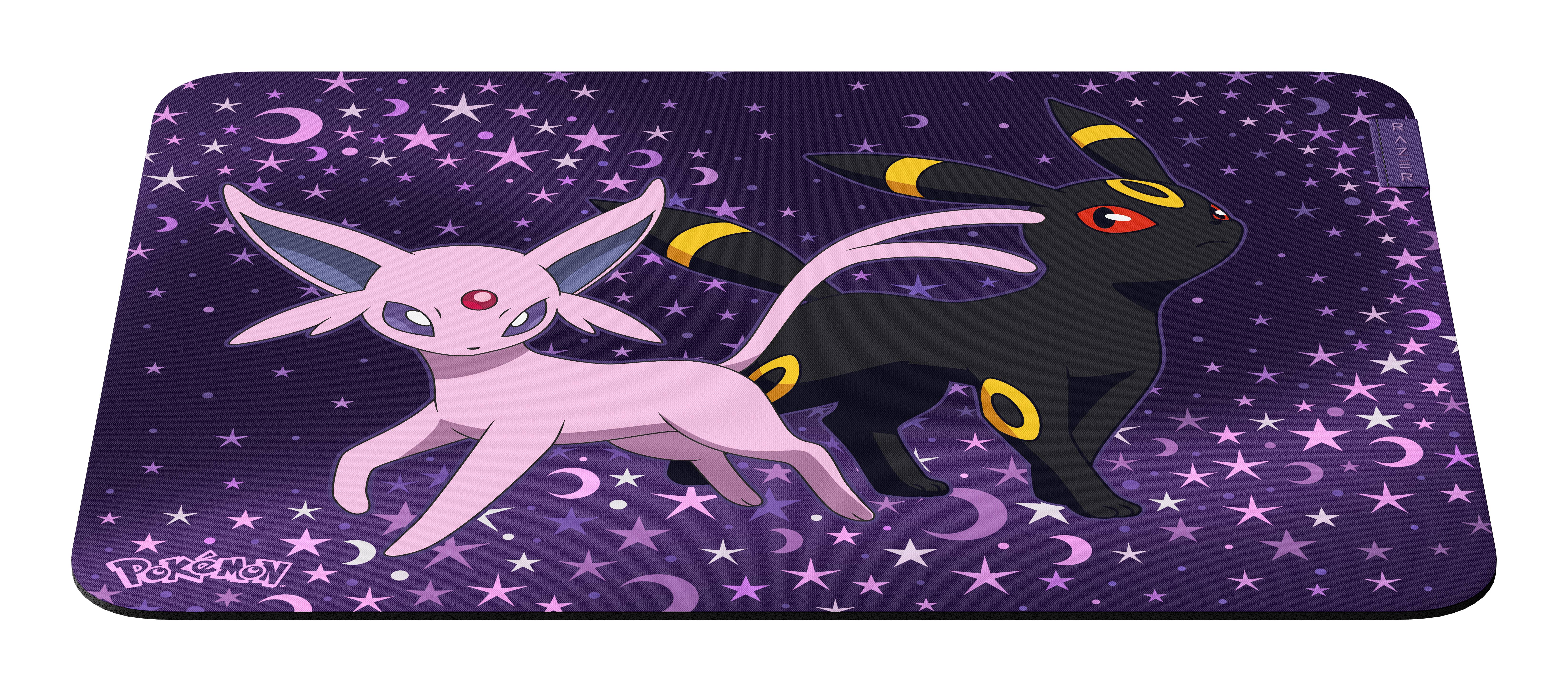 Violettes Pokémon-Mousepad mit Espeon vorne und Umbreon hinten auf sternenklarem Hintergrund