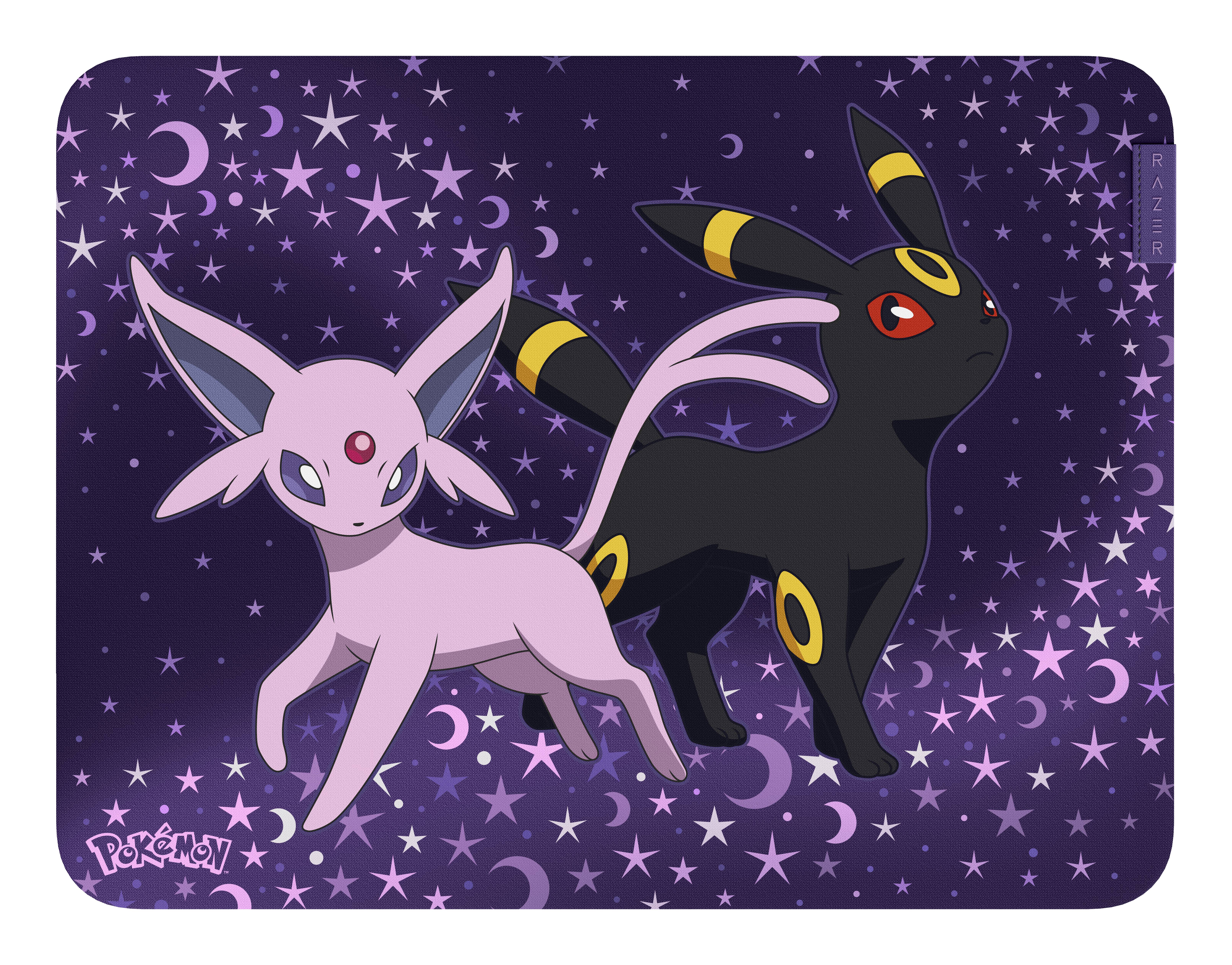 Illustration von Espeon und Umbreon, die sich Rücken an Rücken auf einem violetten Sternenhimmel mit Monden und Sternen stehen, mit einem Pokémon-Logo in der Ecke.