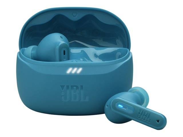 Blaue JBL kabellose Ohrhörer in einem offenen Ladeetui, mit einem Ohrhörer außerhalb des Etuis.