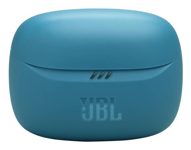 Blaue kabellose JBL-Ohrhörer-Schutzhülle von vorne auf weißem Hintergrund betrachtet.