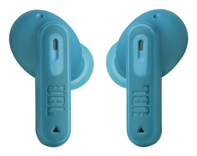 Paar blauer JBL In-Ear-Ohrhörer von vorne auf weißem Hintergrund dargestellt.