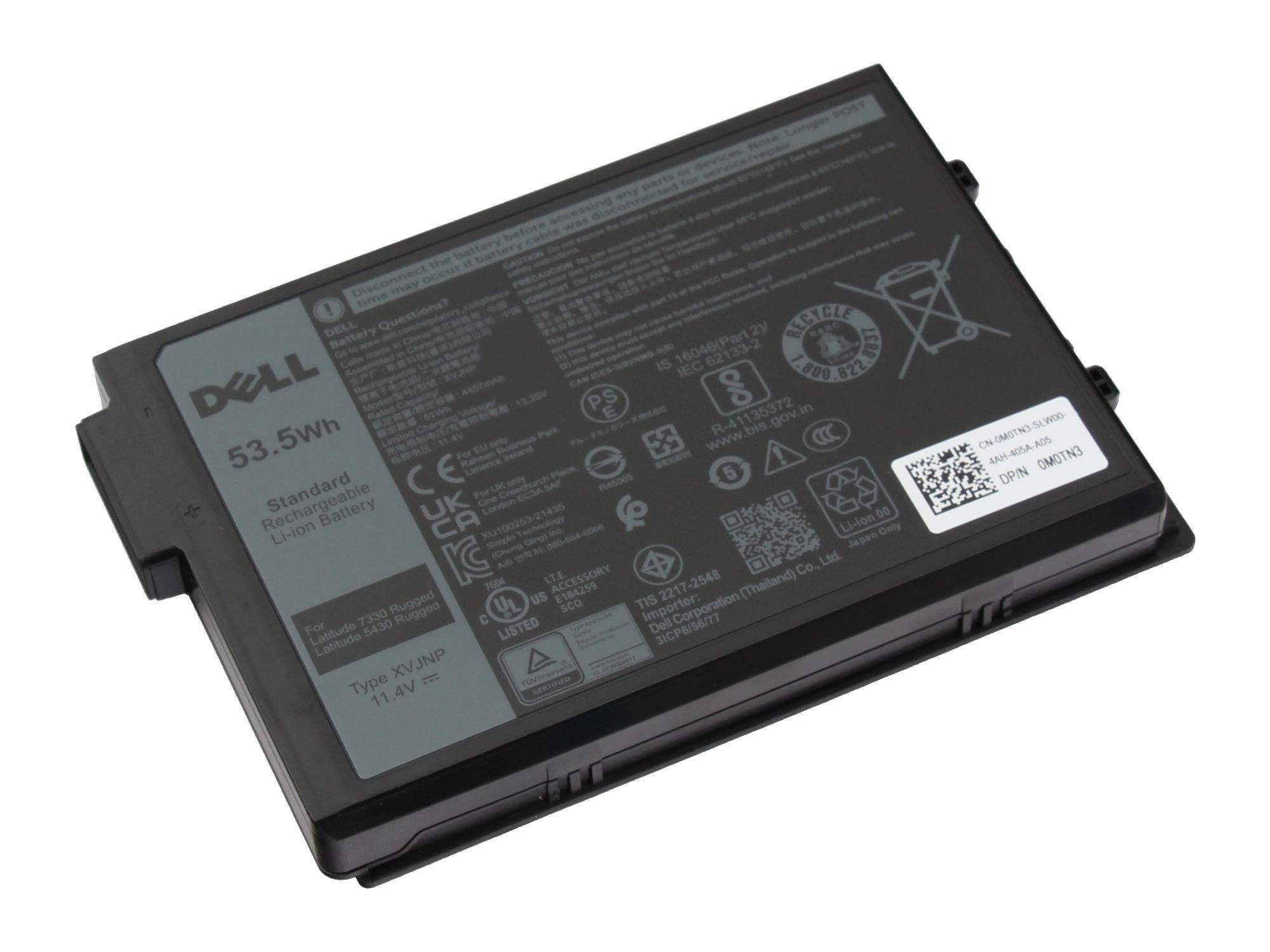 Schwarzer Dell-Laptop-Akku mit der Bezeichnung 53.5Wh auf weißem Hintergrund.