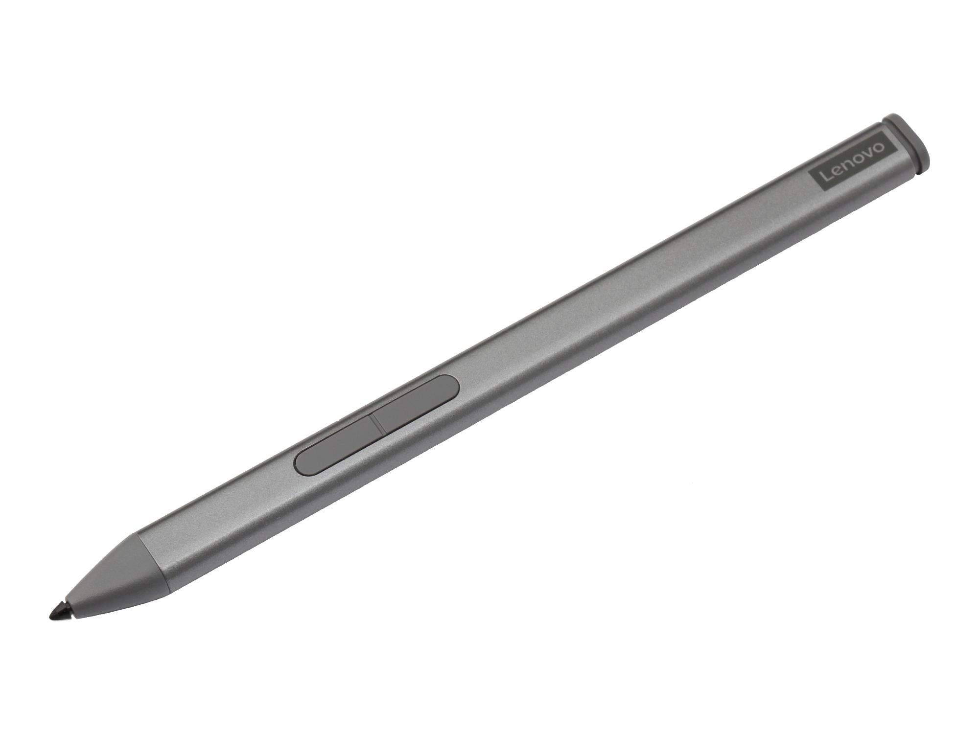 Silberner Lenovo-Eingabestift mit schwarzer Spitze und Seitentaste, diagonal auf weißem Hintergrund dargestellt.
