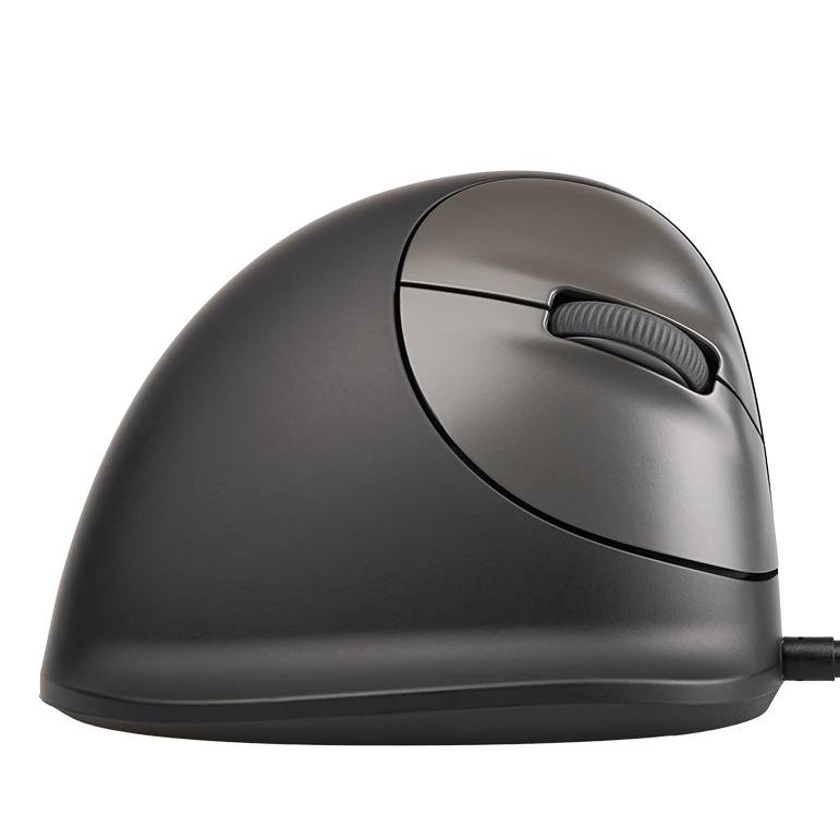Schwarze ergonomische Computermaus mit Kabel in Seitenansicht auf weißem Hintergrund.