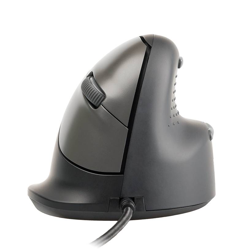 Ergonomische schwarze kabelgebundene vertikale Computermaus, shown in Seitenansicht auf einem schlichten weißen Hintergrund.