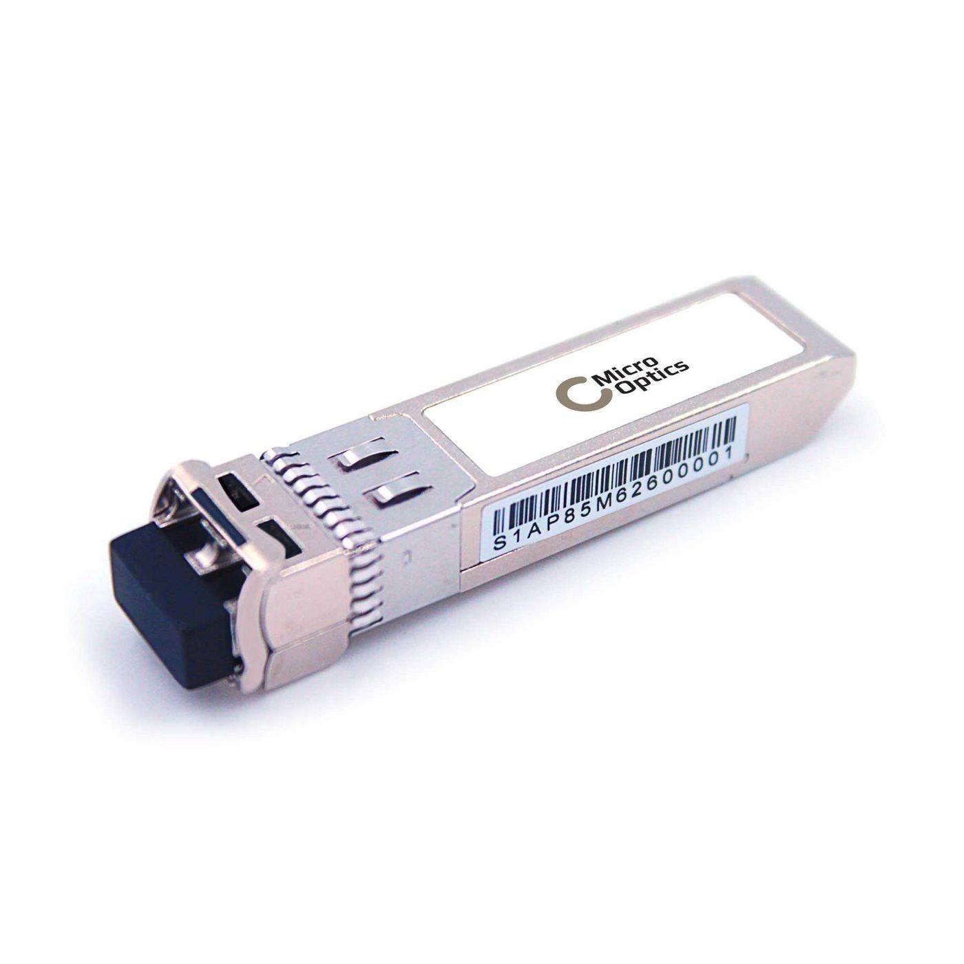 Mikro-Optik SFP-ähnliches Glasfaser-Transceiver-Modul mit Barcode-Etikett auf weißem Hintergrund.