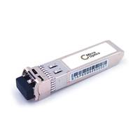 Kleines silbernes optisches Transceiver-Modul mit schwarzem Steckerende, shown on a white background.