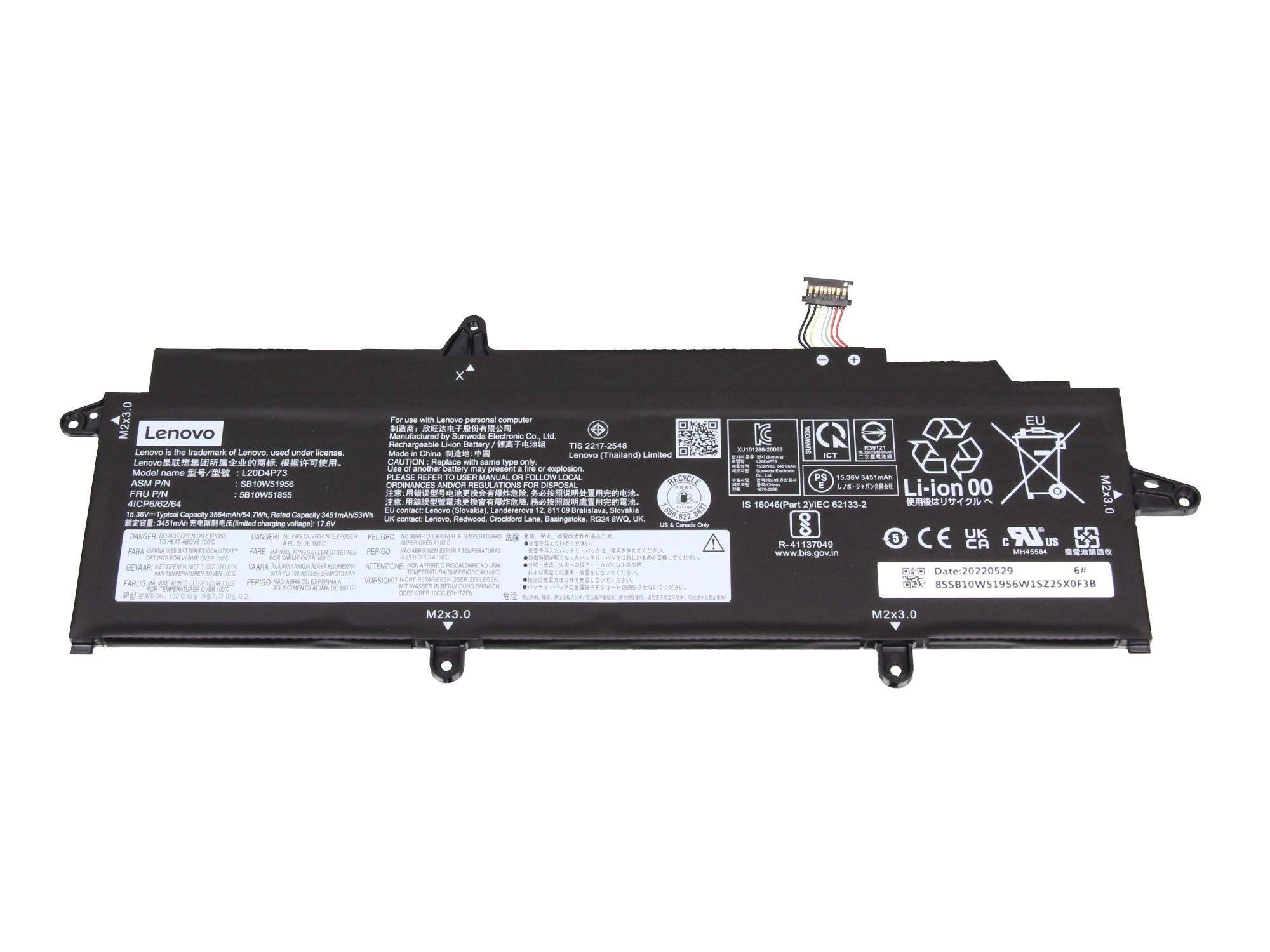 Schwarzer Lenovo-Lithium-Ionen-Laptop-Akku mit Etikett und Anschlusskabel auf weißem Hintergrund.