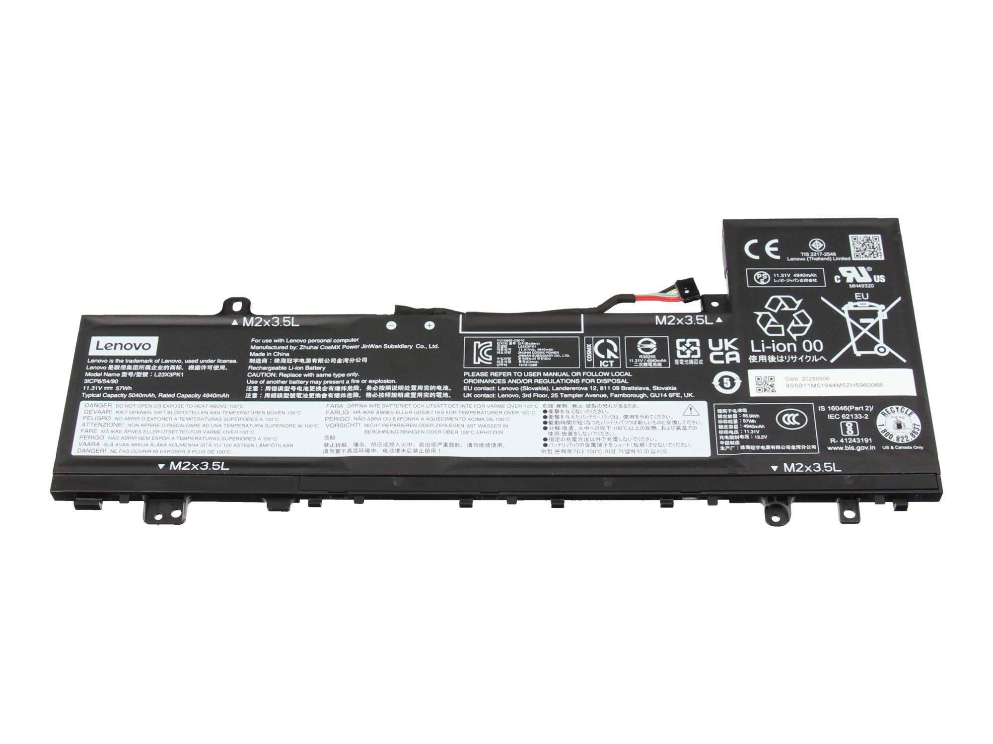 Lenovo-Laptop-Akku mit schwarzem Gehäuse und Kennzeichnungsdetails auf weißem Hintergrund.