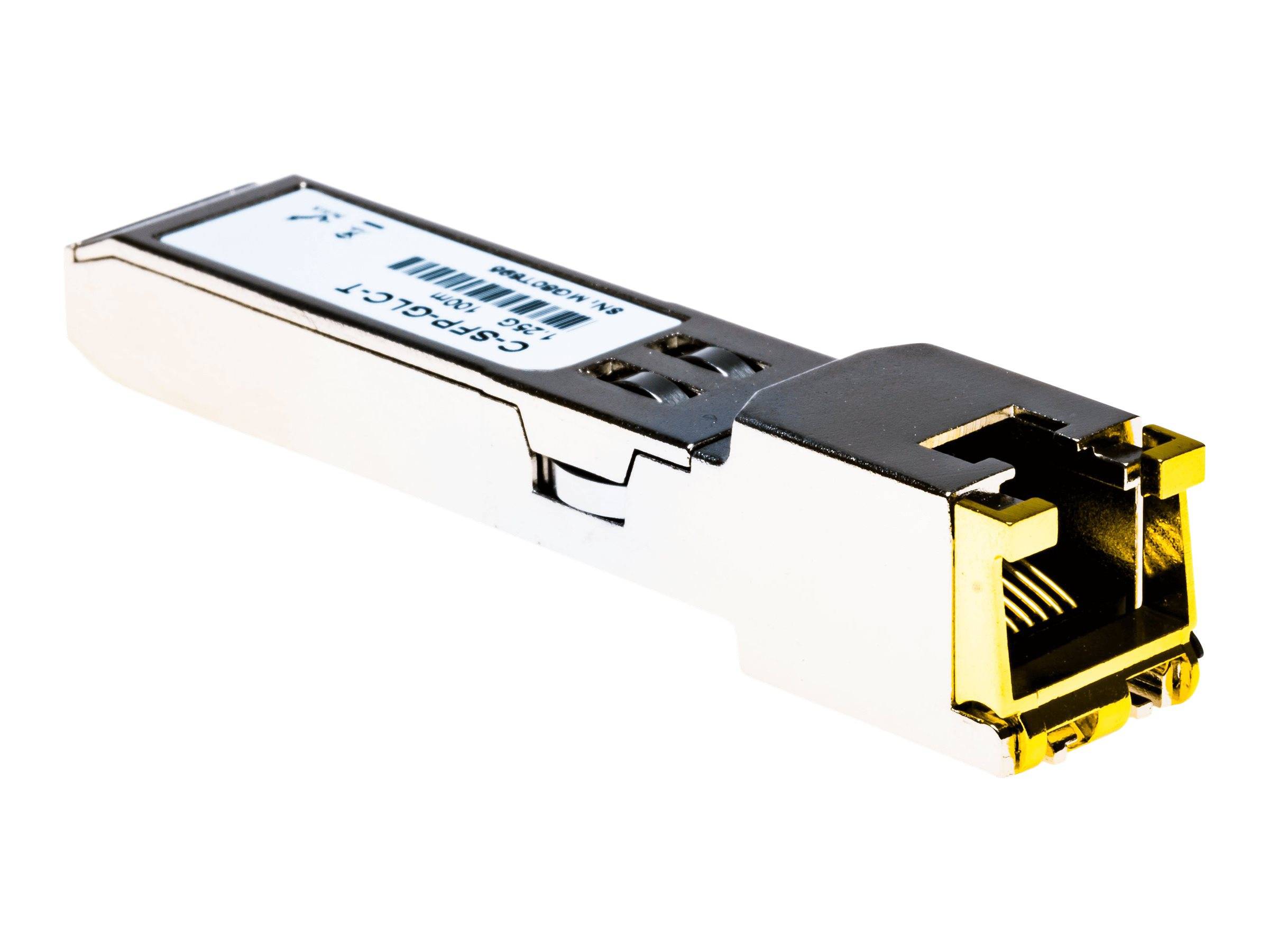 Einzelnes SFP-Netzwerktranceiver-Modul mit RJ45-Ethernet-Port-Anschluss, gezeigt auf weißem Hintergrund.