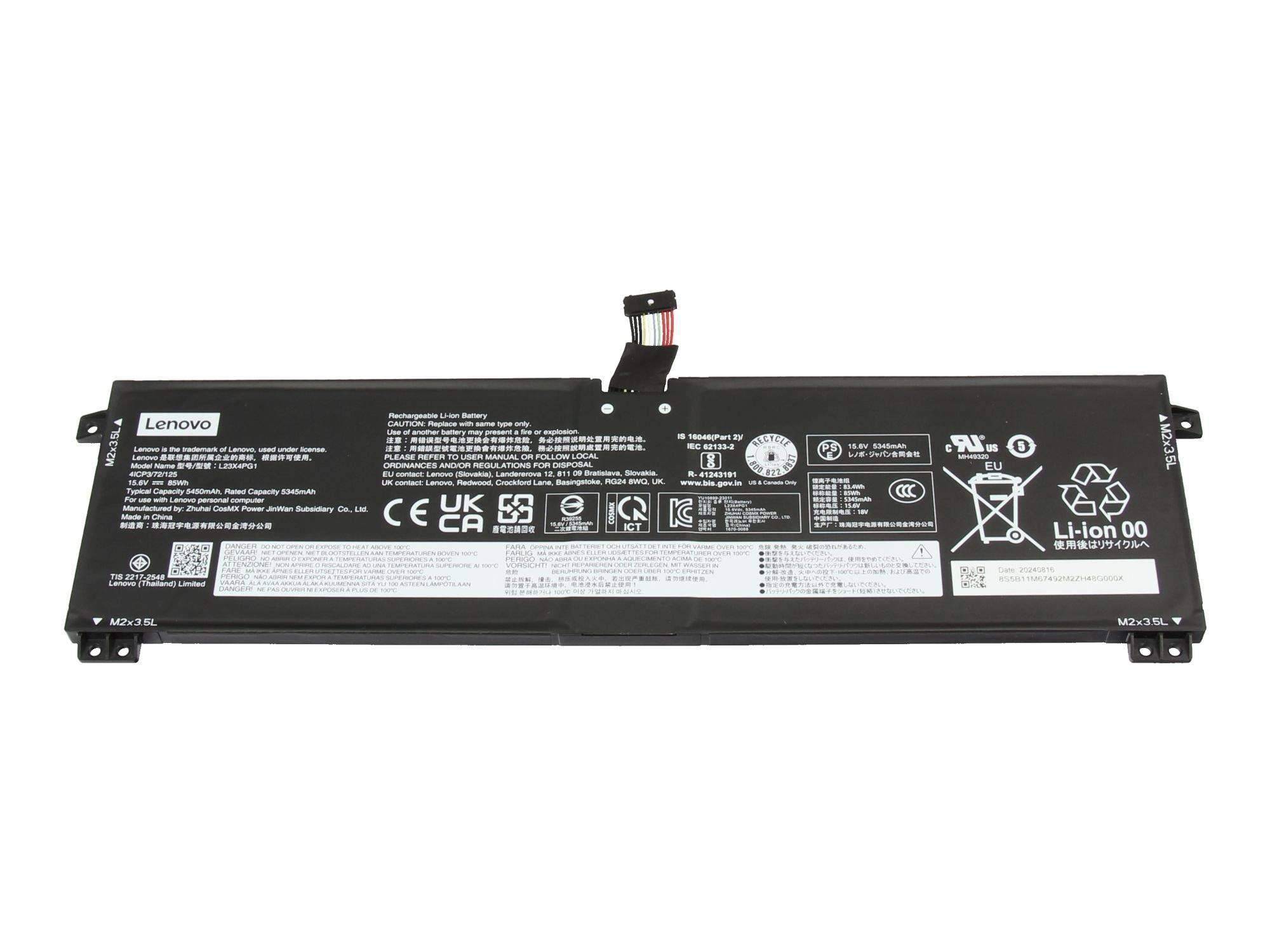 Lenovo Laptop-Akkupack mit Verbindungskabel und gedruckten Sicherheits-/Recycling-Etiketten auf weißem Hintergrund.