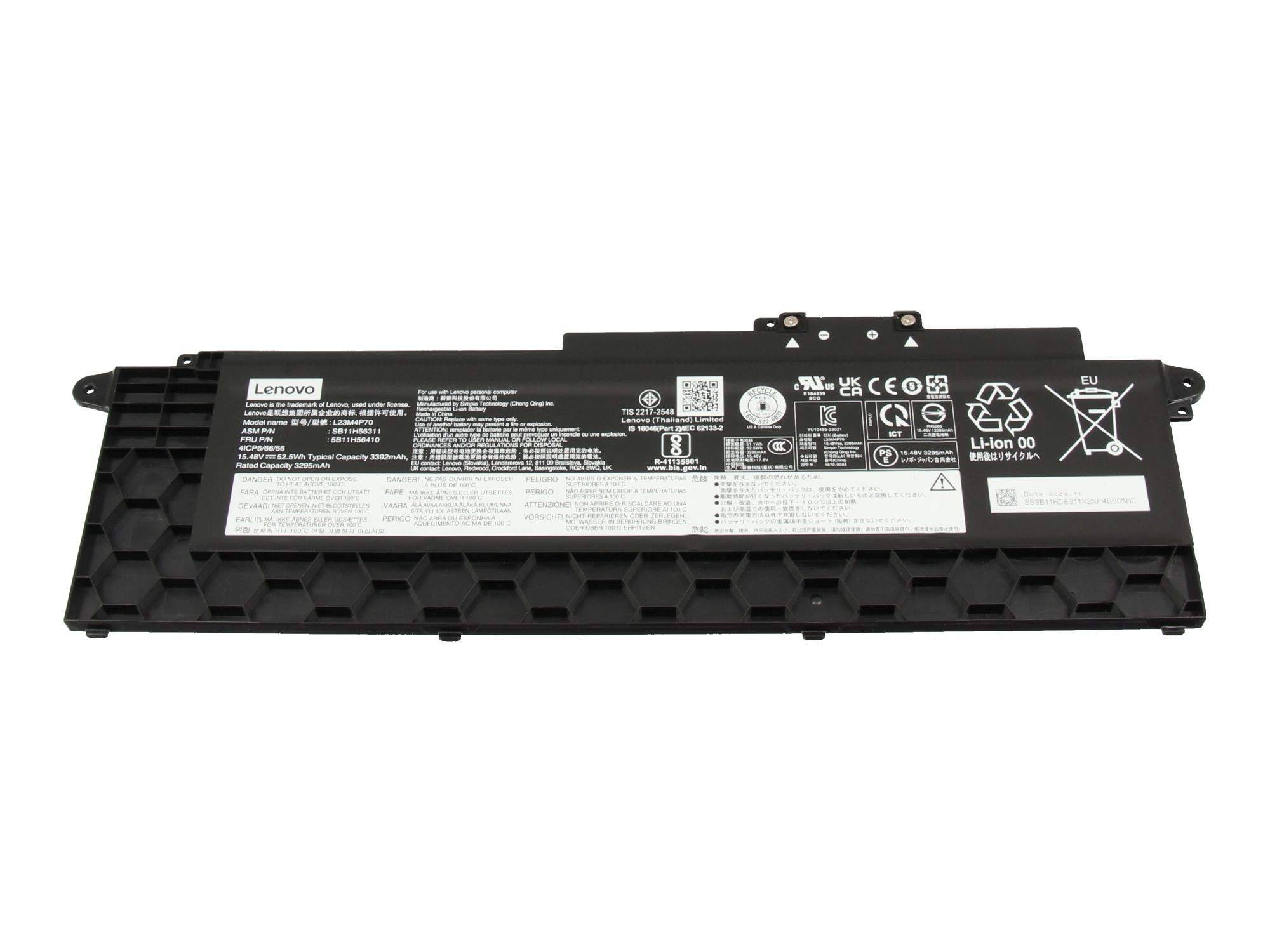 Schwarzes Lenovo-Laptop-Akku-Pack auf weißem Hintergrund mit sichtbaren Etiketten, Warnsymbolen und Anschlussklemmen.