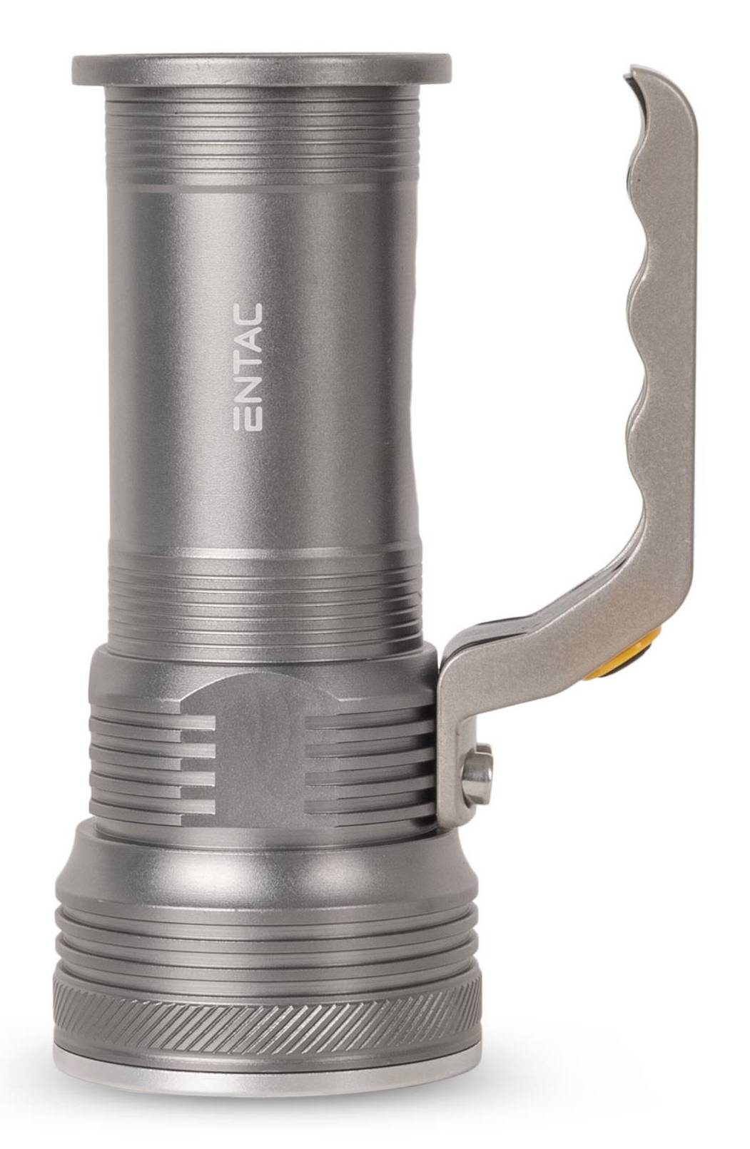 Graue Metalltaschenlampe Entac mit Seitenhebel-Schalter, auf weißem Hintergrund dargestellt.