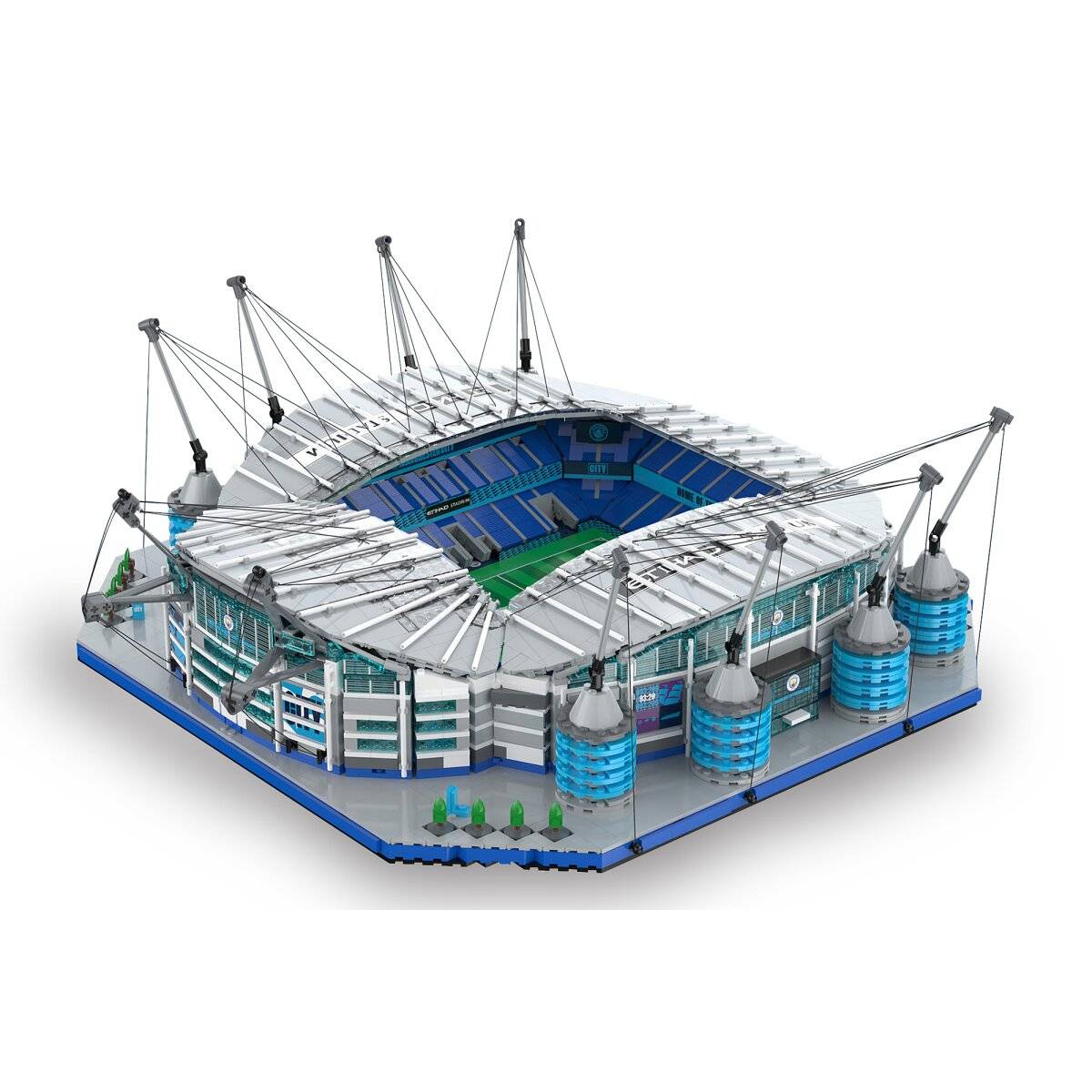 3D-Modell eines modernen Fußballstadions mit teilweise offenem Dach, sichtbaren Sitzplätzen und kabelgestützten Türmen rund um die Außenseite.