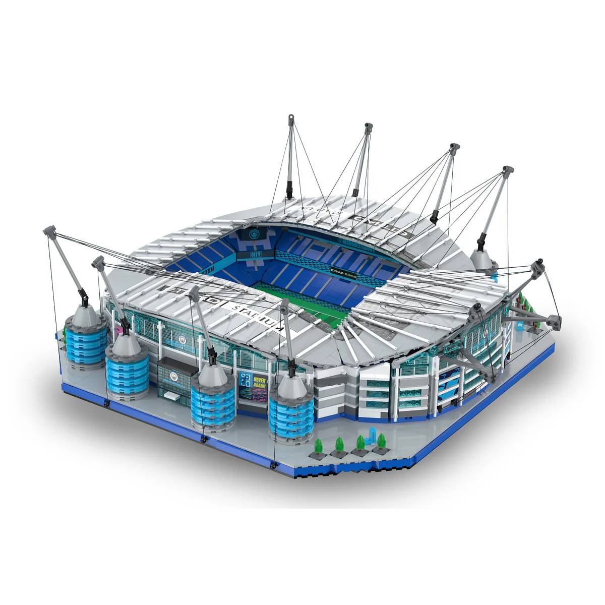 3D-Schnittmodell eines modernen Fußballstadions mit offenen Dachkonstruktionen, das blaue Sitze und den Spielfeld im Inneren zeigt.