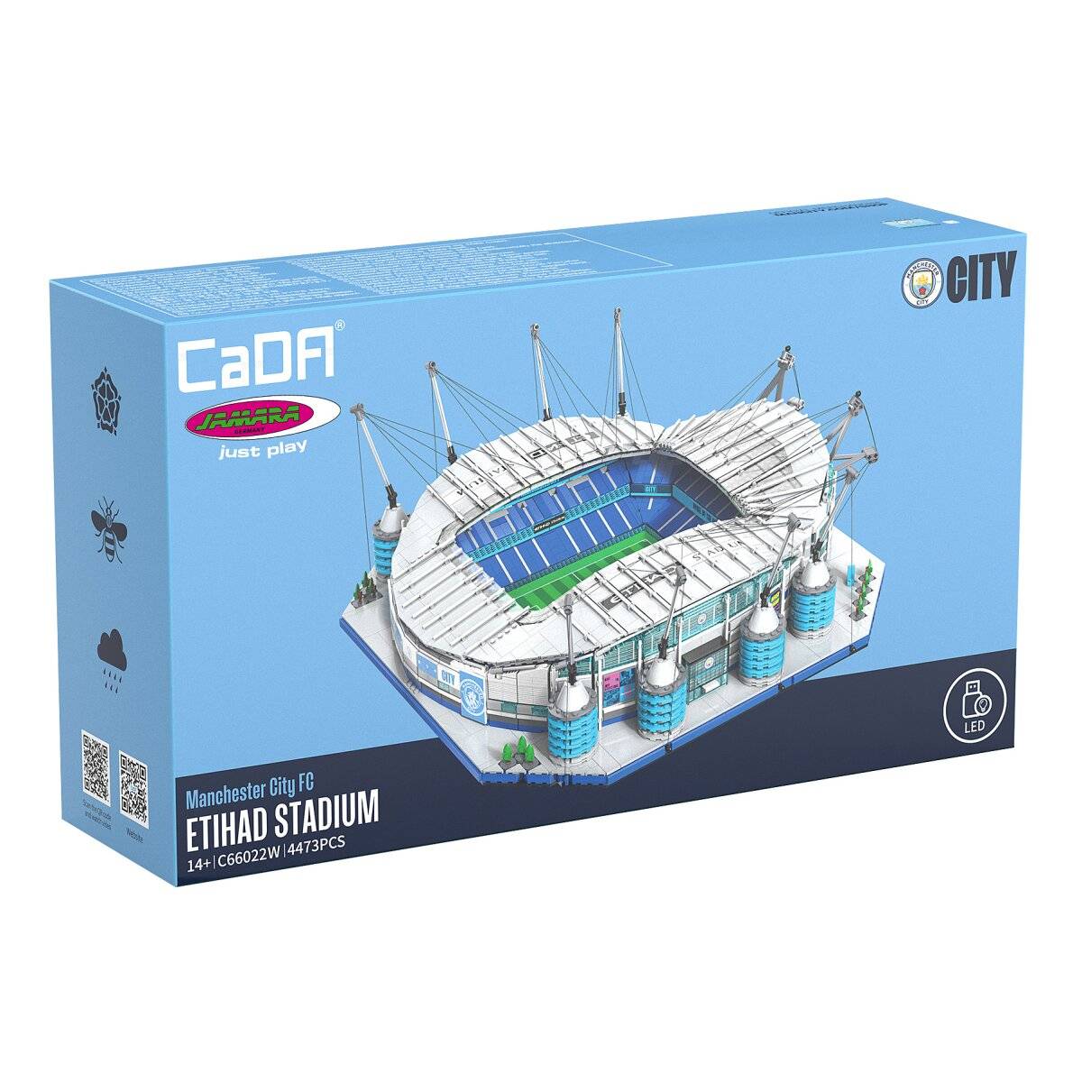 Karton eines CaDA Manchester City Etihad Stadium Bausatzes, der ein detailliertes Stadionmodell mit LED-Funktion und 1473 Teilen zeigt.