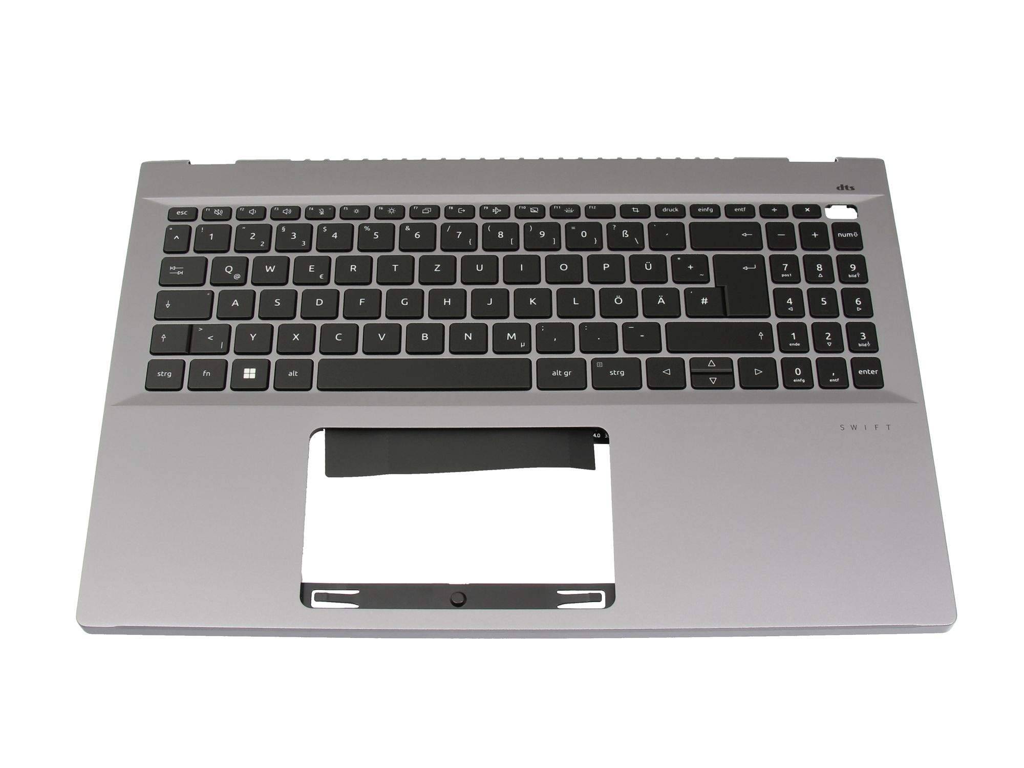 Silberner Laptop-Oberschale mit integrierter Tastatur und Touchpad-Öffnung, frontal auf weißem Hintergrund abgebildet.