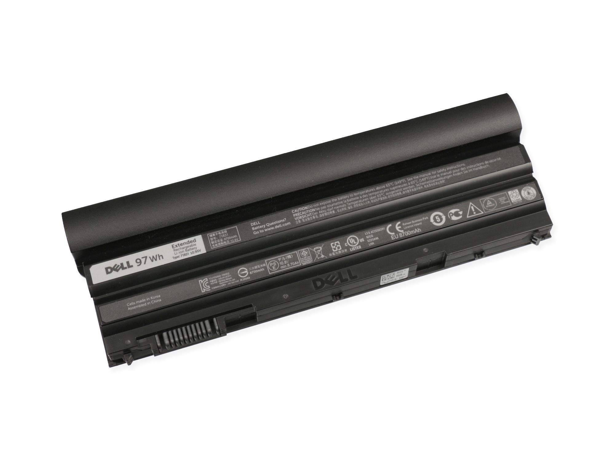 Schwarze Dell 97Wh Laptop-Batterie isoliert auf weißem Hintergrund.