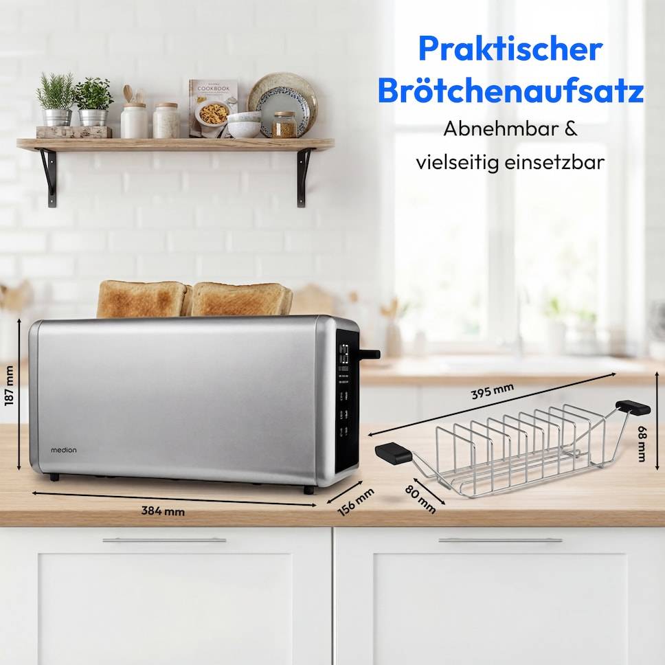 Silberner Toaster mit Brot und abnehmbarem Brötchenaufsatz; deutscher Text sagt „Praktischer Brötchenaufsatz" und „Abnehmbar & vielseitig einsetzbar"", mit angezeigten Abmessungen.