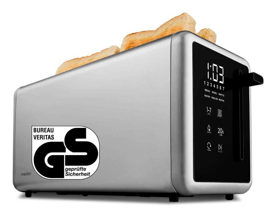Silberner Zwei-Schlitz-Toaster mit digitalen Bedienelementen und Display, Toastscheiben, die hochspringen, mit sichtbarem Bureau-Veritas-Sicherheitszertifizierungsetikett.