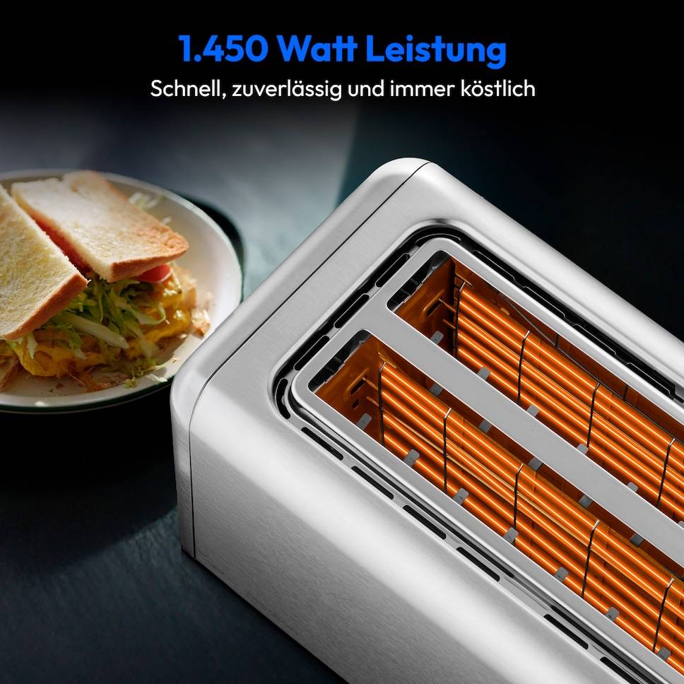 Werbung für einen 1450-Watt-Toaster mit Darstellung von Brotscheiben, die erhitzt werden, und dem deutschen Text „1.450 Watt Leistung" und „Schnell, zuverlässig und immer köstlich"".