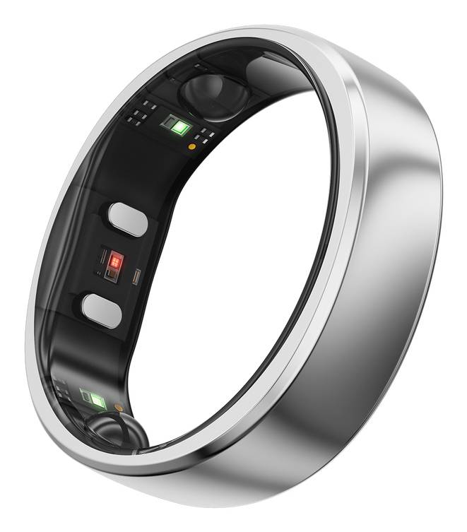 Ein silberner intelligenter Ring mit schwarzen inneren Sensoren und kleinen Anzeigelichtern, dargestellt auf weißem Hintergrund.