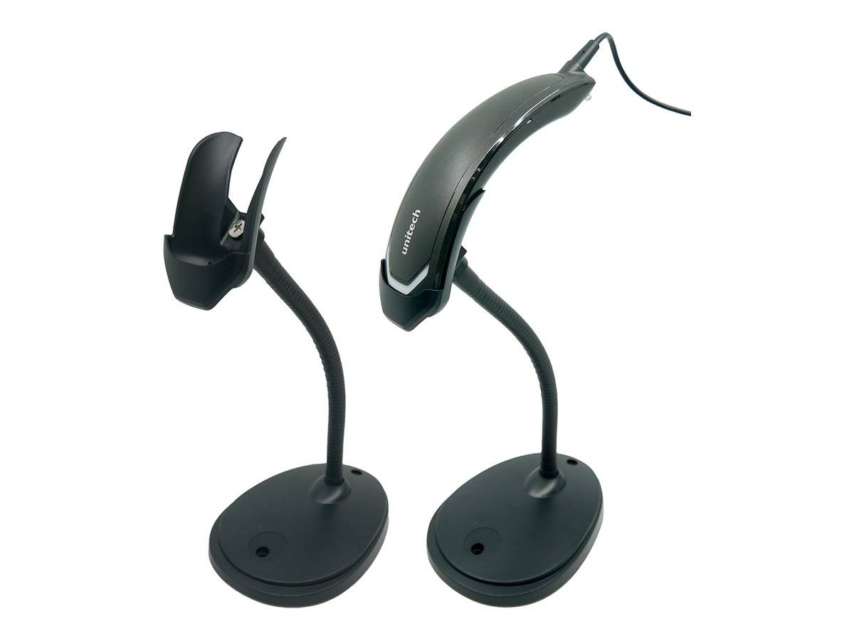 Zwei schwarze Desktop-Barcode-Scanner auf Ständern, nebeneinander auf weißem Hintergrund dargestellt.