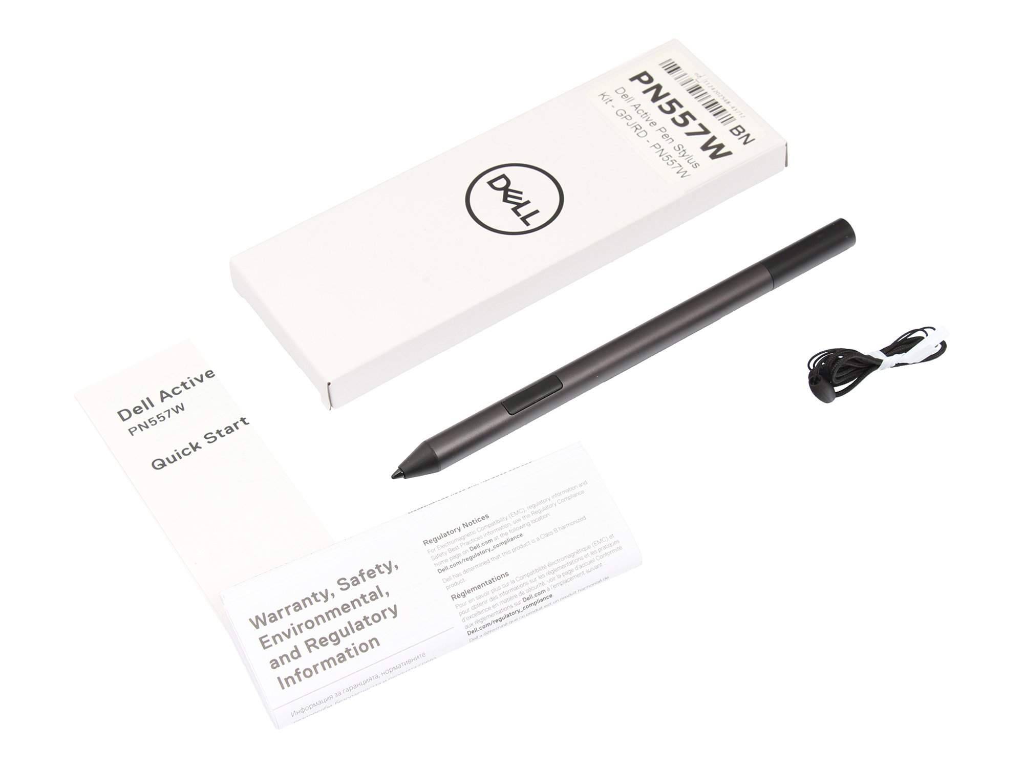 Dell Active PN557W Stift mit Box, Schnellstartanleitung, Garantieblatt und Ladekabel auf weißem Hintergrund.