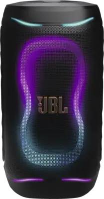 Schwarzer tragbarer JBL-Lautsprecher mit beleuchteten lila und blauen Lichtringen um das vordere Gitter und das JBL-Logo.