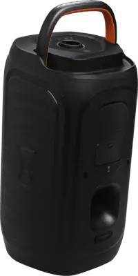 Tragbarer schwarzer Bluetooth-Lautsprecher mit oberem Griff, vorderem Bedienfeld und Basskanal.