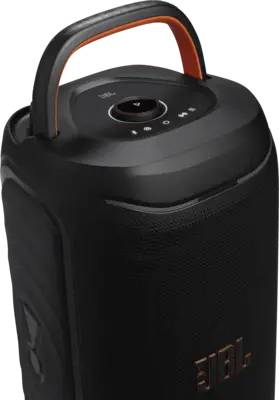 Schwarzer tragbarer JBL Bluetooth-Lautsprecher mit Tragegriff und Bedienfeld oben.
