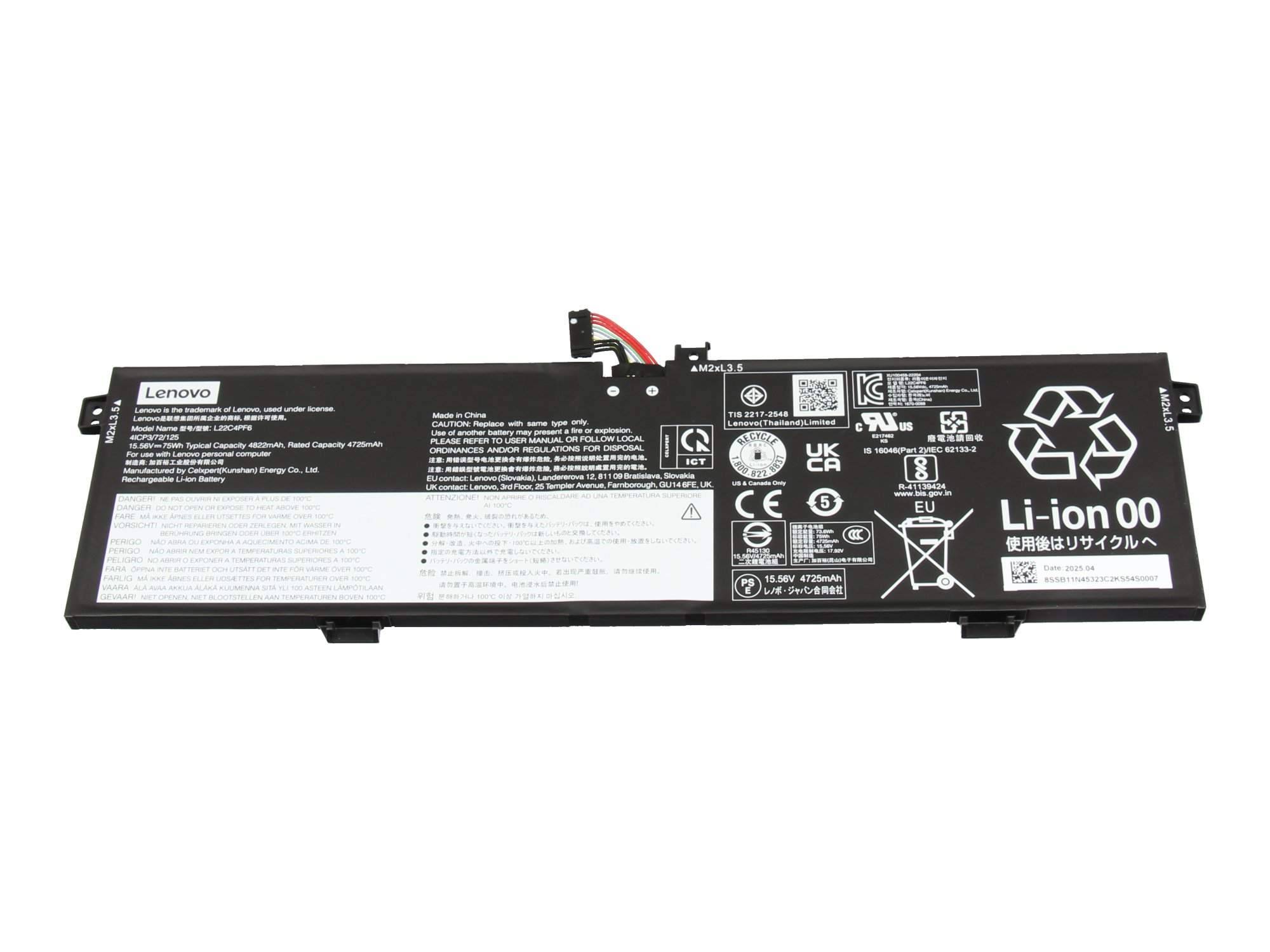 Lenovo-Laptop-Akku mit roten und schwarzen Anschlussdrähten, mit der Aufschrift 