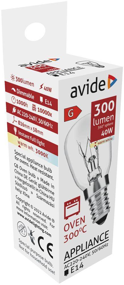 Packung einer Avide 300-Lumen-40W-dimmbare Backofen-Glühbirne, 300°C hitzebeständig, E14-Sockel, warmweiß