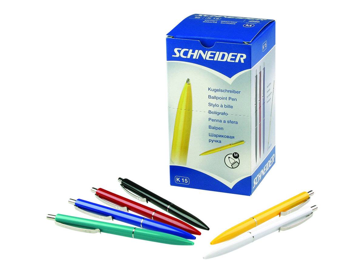 Schneider K15 Kugelschreiber-Paket mit fünf farbenfrohen Stiften und einem gelb-weißen Stift, angezeigt auf weißem Hintergrund.